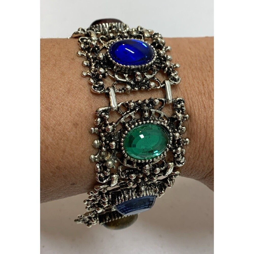 Vintage Lucite Cabochon Bracelet Multicolor Statement Silver Tone Filigree 8”